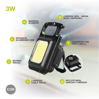 GARSACO - Mini Lanterna Portátil em Led 3W 80Lm com Iman com Carregador USB 201825012